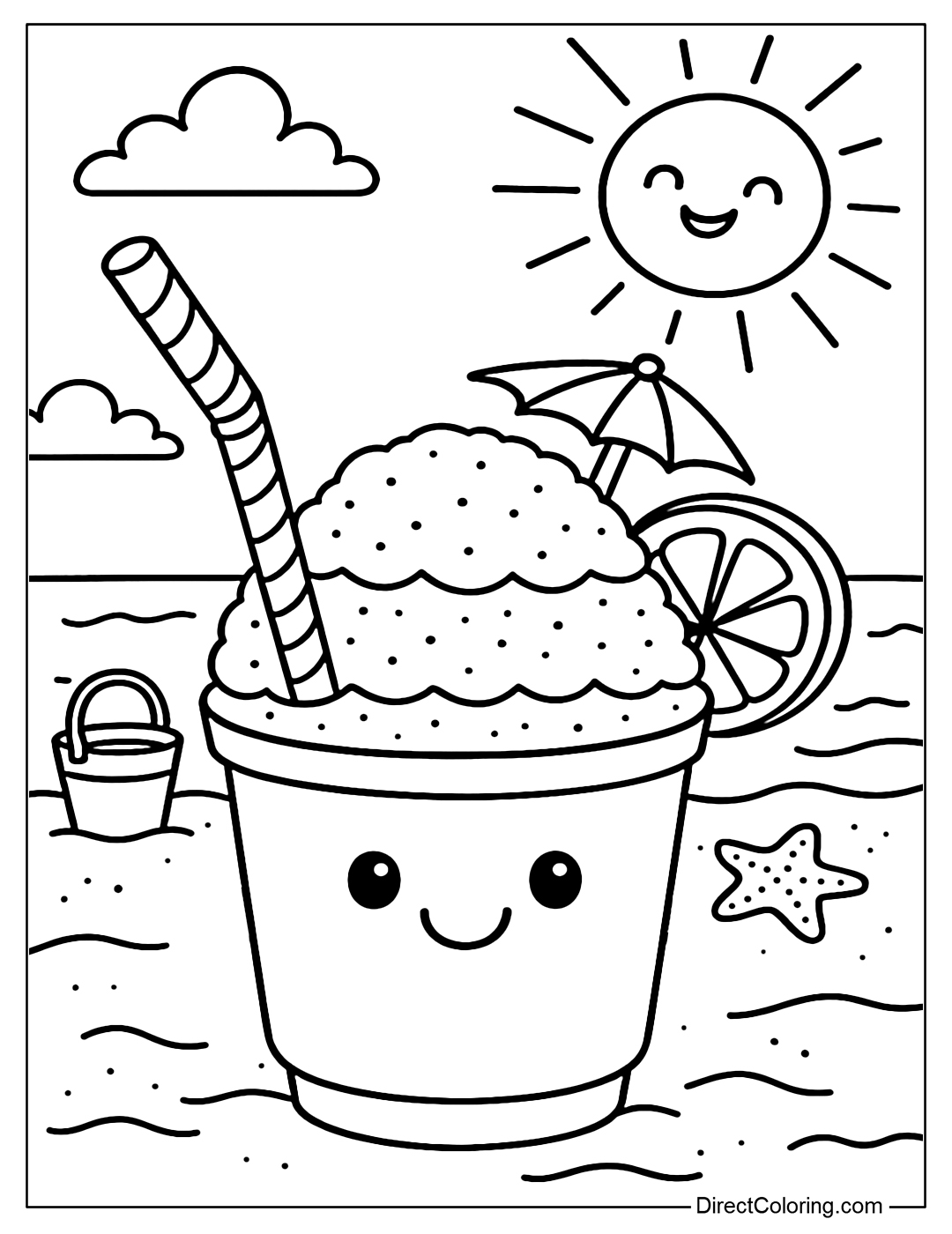 Rainbow shaved ice color page with twisted straw, beach background with starfish, sand bucket, and smiling sun.